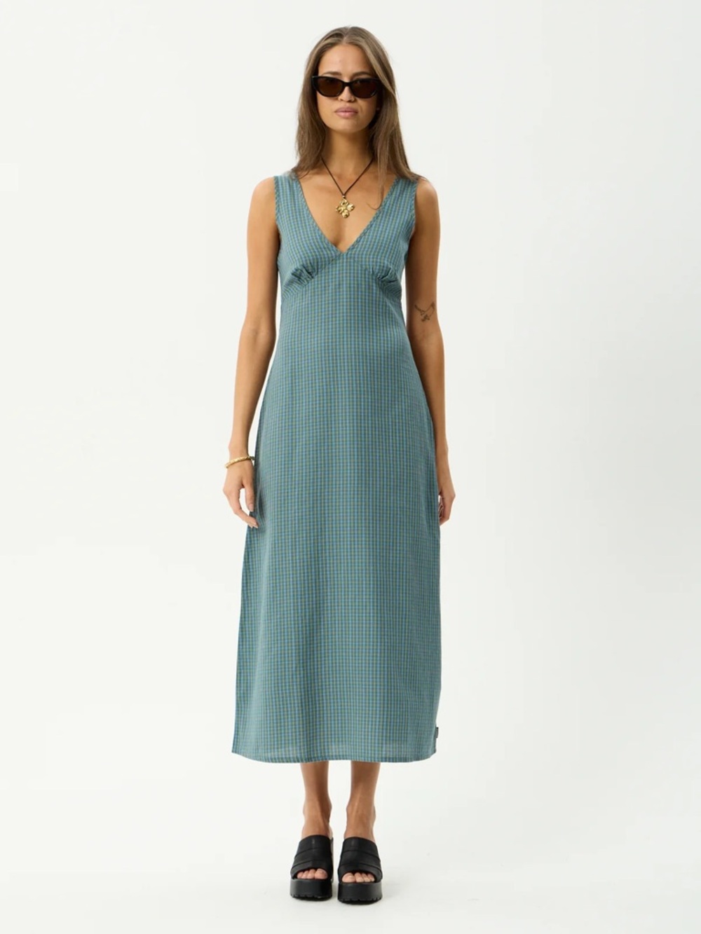 AFENDS NWT Voyager dress in olive check - recycled cotton